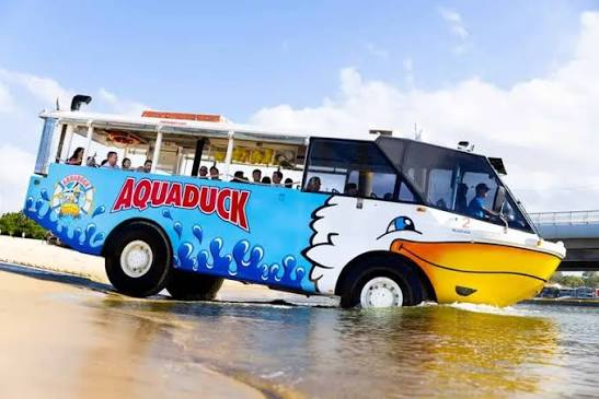 AquaDuck amphibious tour vehicle entering the water on the Gold Coast