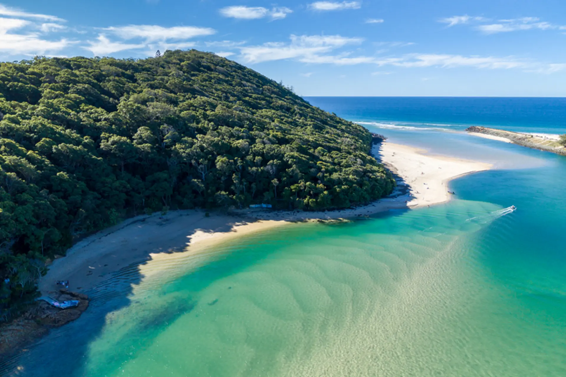 Aerial view of the Gold Coast where forested headland meets turquoise water and white sand